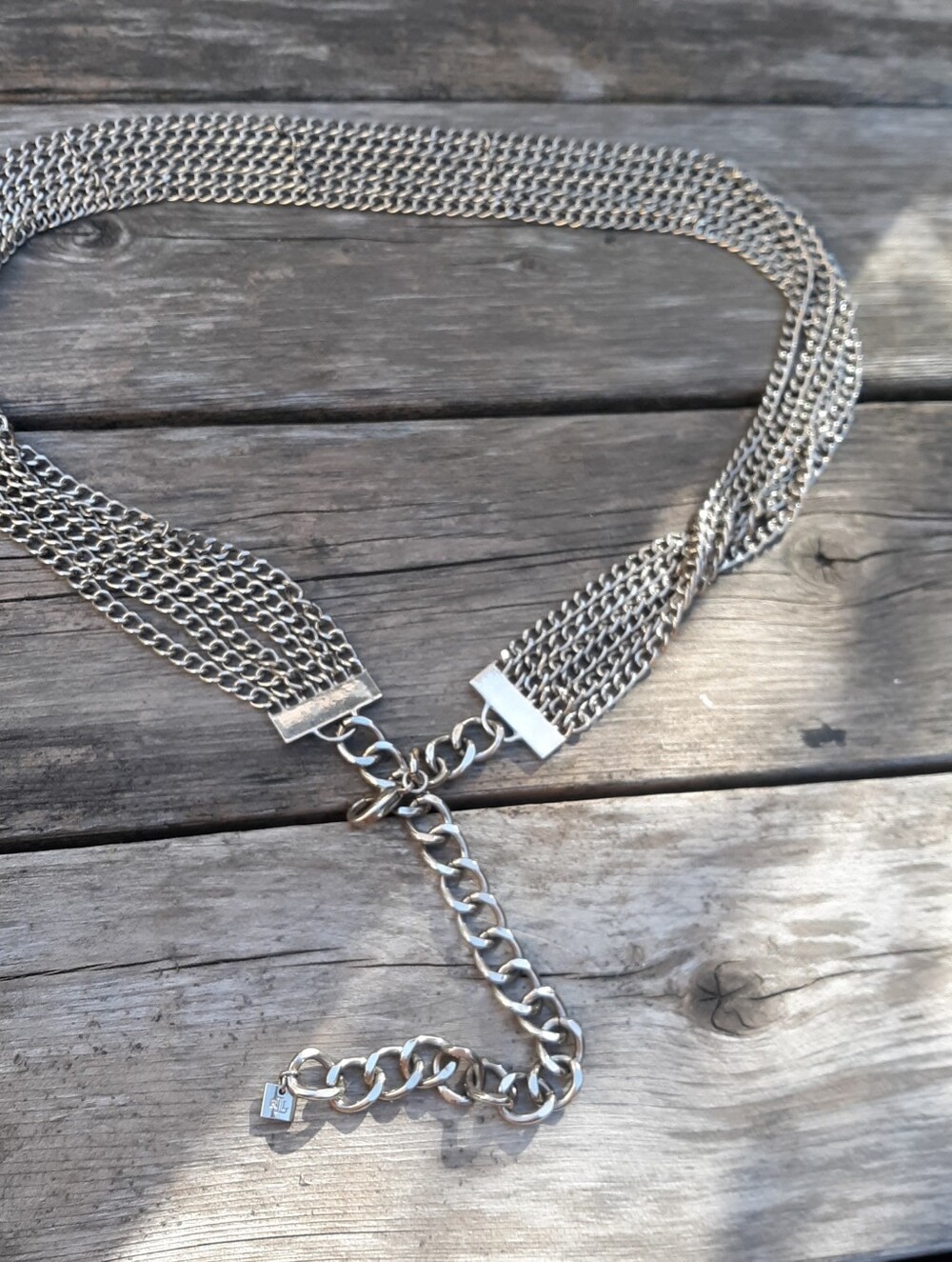 Ralph Lauren Silver Multi Strand Curb Chain Link Statement Belt RL Logo Charm